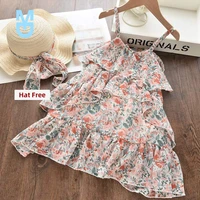 new casual girls dresses summer with hat 2 piece suit childrens clothes kids girls party princess print dress vestidos