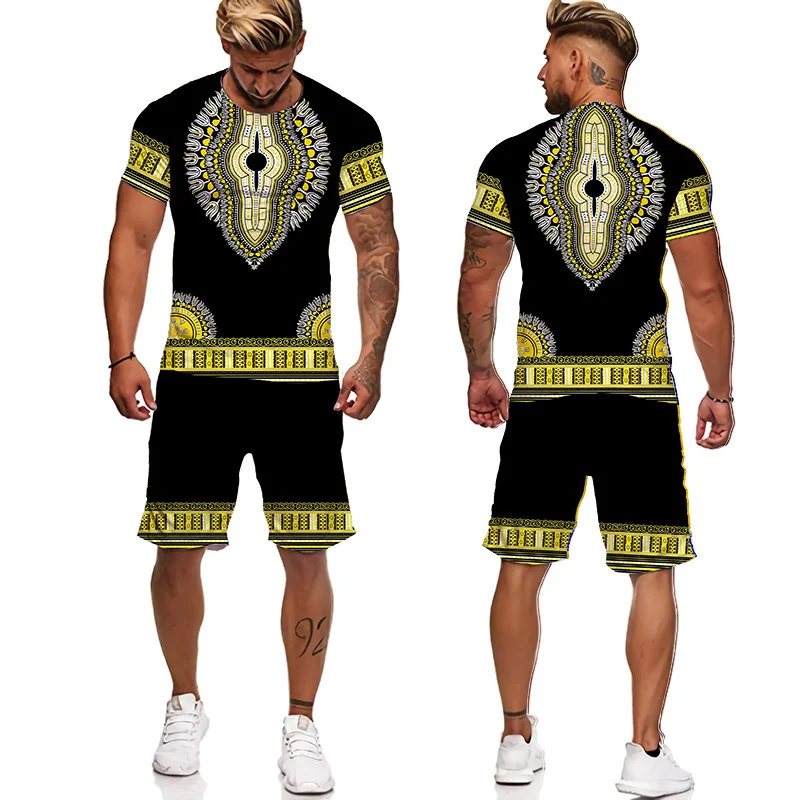 

Retro Style Hip Hop T-Shirt + Shorts Men's Suit 3D Printing Indian Ethnic Series Casual Loose Sports Creative Trend Men's 2 Pack