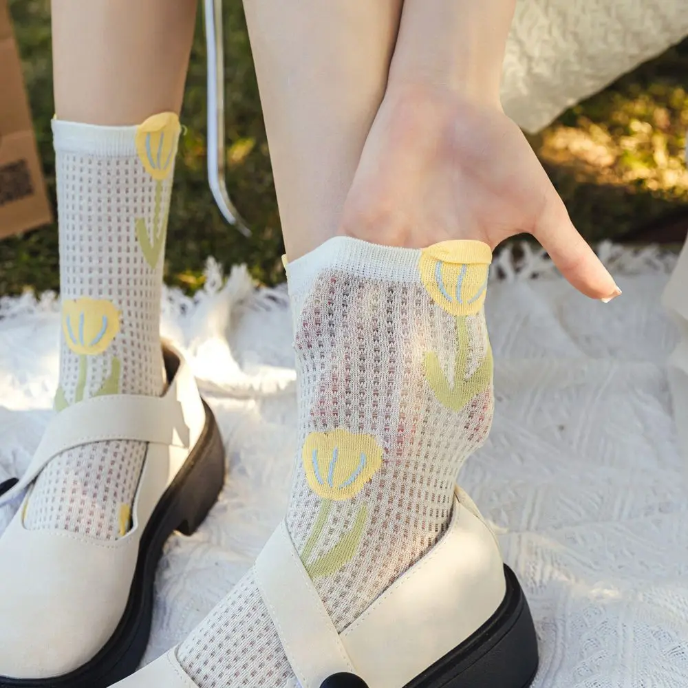 

Подарок японские летние милые кавайные милые шелковые женские носки тюльпаны Цветочные Чулочные изделия носки в Корейском стиле