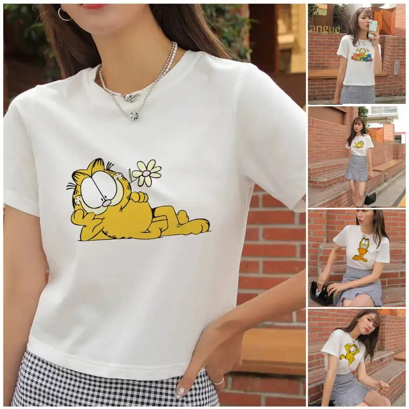 Bandai Garfield Cat Art Popolar T Shirt Summer Clothes Casual Women Tee Hip Hop O-Neck Streetwear Print Comfort T-shirt