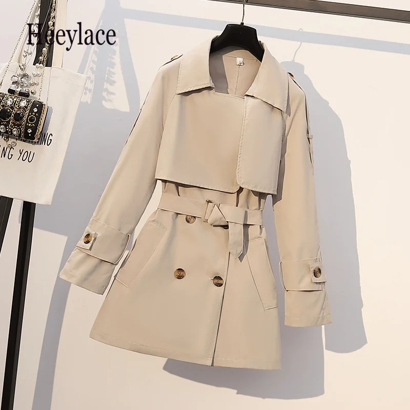

Women Spring Long Sleeve Windbreaker Trench Coat 2022 Turn Down Collar High Waist Double Breasted Office Ladies Trench