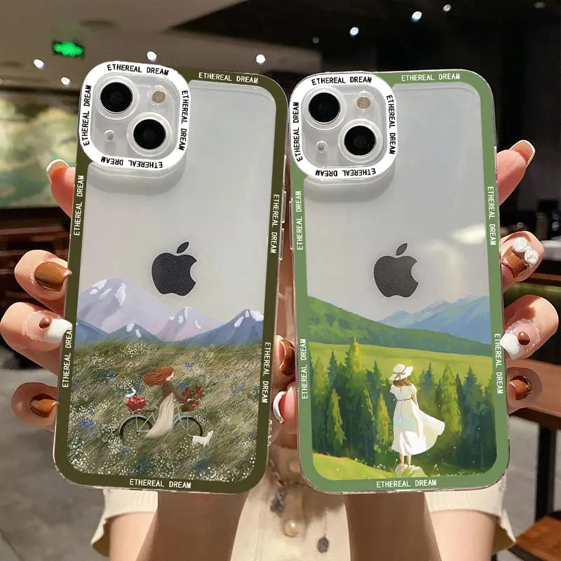 

Scenery Girl Cute Illustration Clear Phone Case For iPhone 14 13 12 11 Pro Max XS X XR SE 2020 7 8 Plus Transparent Cover Fundas