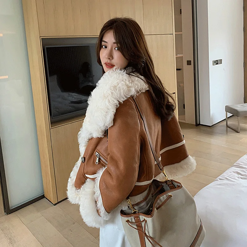 Women's Genuine Sheepskin Leather Jacket Thick Warm Spring Autumn Fur Coats Lady Fashion Lamb Fur Shearling Outwear ZJ3902