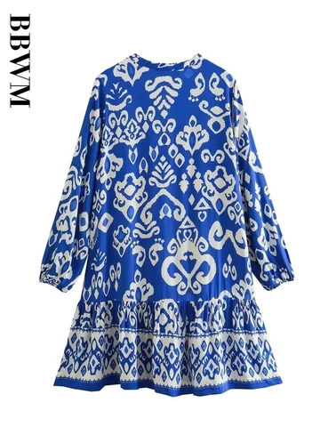 Print Mini Dress Woman Loose Casual Dress Women Long Sleeve Hem Laminated Decoration Dresses Women 2023 New Chic Short Dress