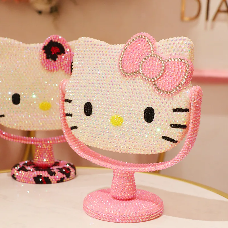 

Kawaii Hello Kitty Vanity Mirror Cartoon Shiny Rhinestones Beauty Handheld Mirror Diamond Pink Girls Flip Girlfriend Gift