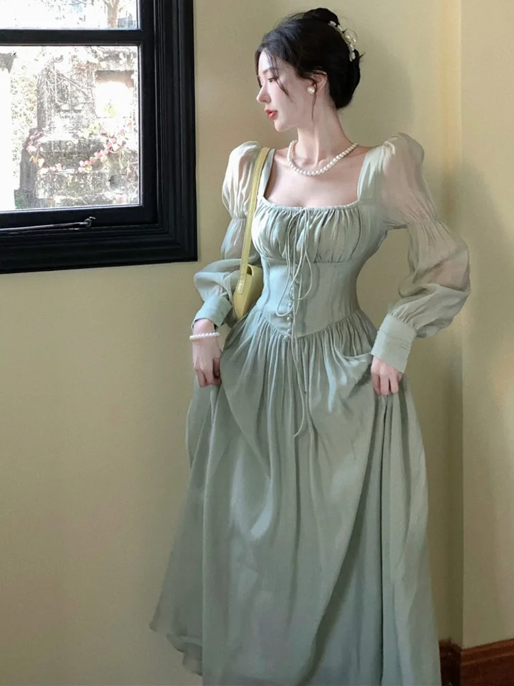 

2023 New Fall Lantern Sleeve Party Dresses For Women Fairy Dress Korean Elegant Fashion Beach Holiday Chiffon Long Dress Vestido