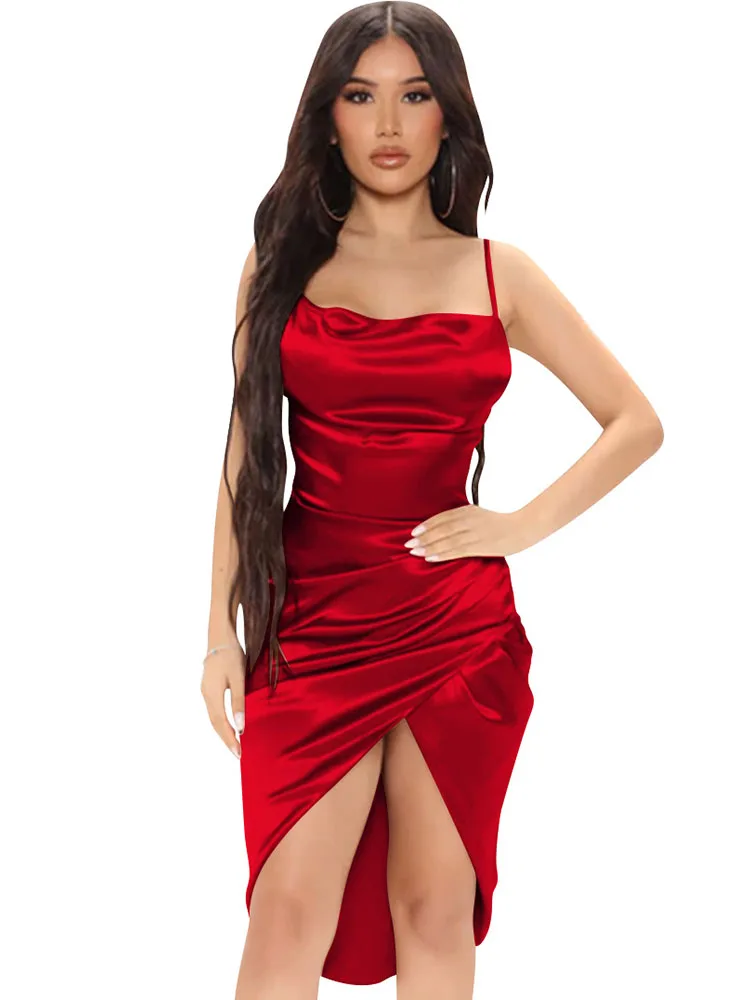 

Платье-миди женское Атласное асимметричное на тонких бретельках с разрезом и открытой спиной