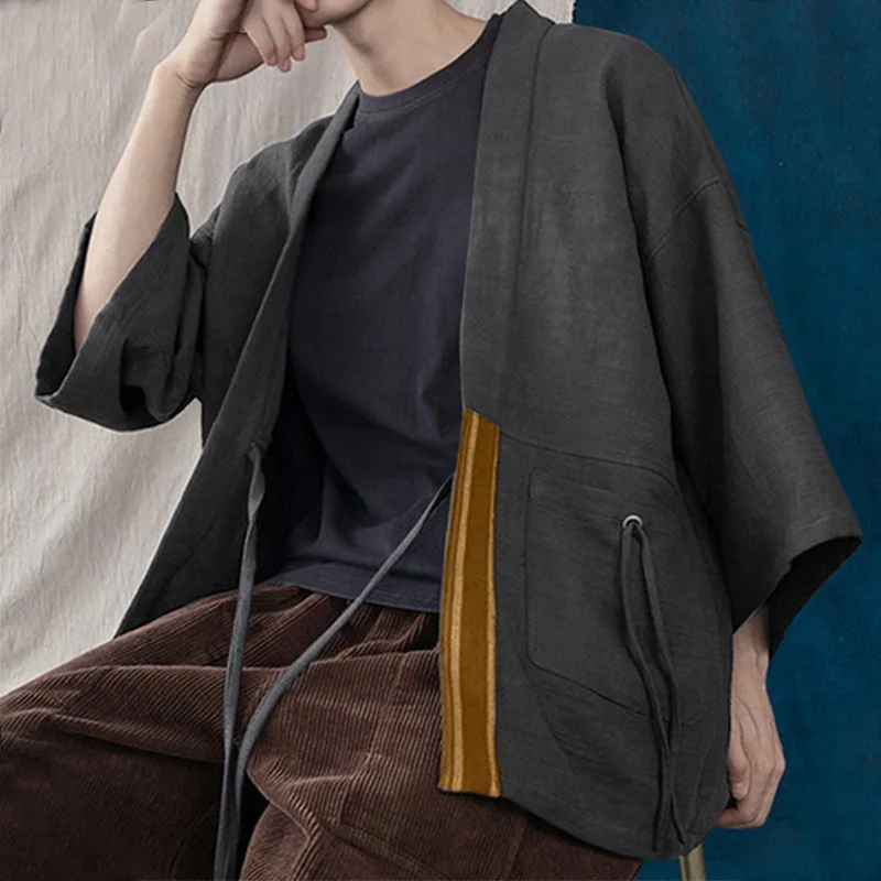 

Кимоно мужское в традиционном японском стиле, льняной однотонный кардиган в стиле ретро, повседневная одежда в стиле хаори, с рукавом три четверти, на лето