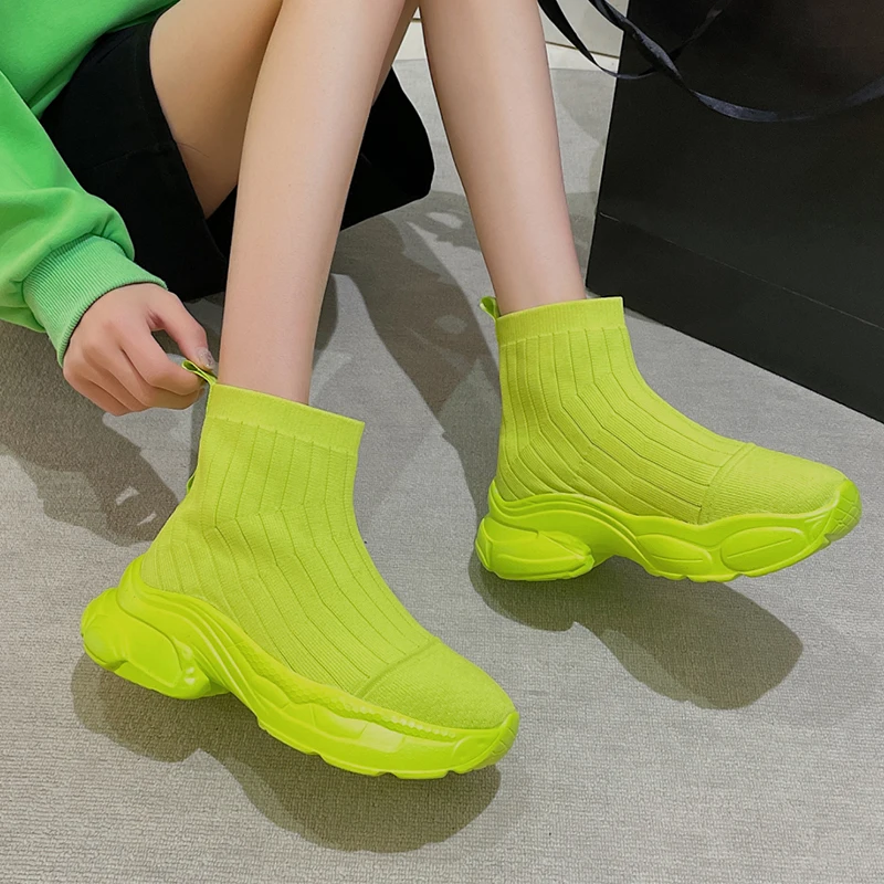 

New Brand Women Knitting Sock Boots 2022 Fashion Winter Flats Ankle Chelsea Boots Casual Shoes Weave Platform Femme Snow Botas