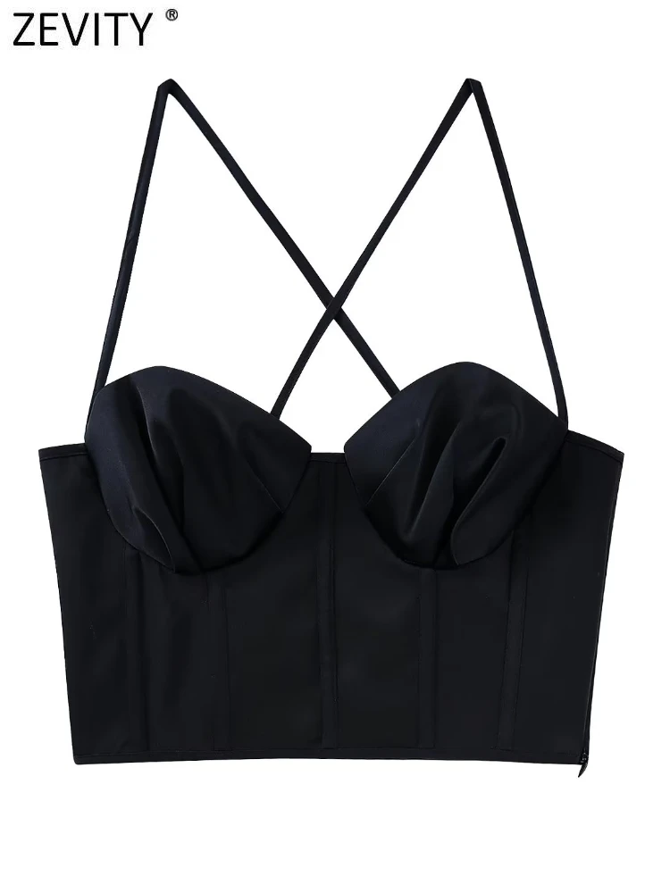 

Zevity Women Fashion Corset Style Patchwork Satin Short Blouse Tops Female Backless Side Zipper Thin Straps Camis Mujer LS2152