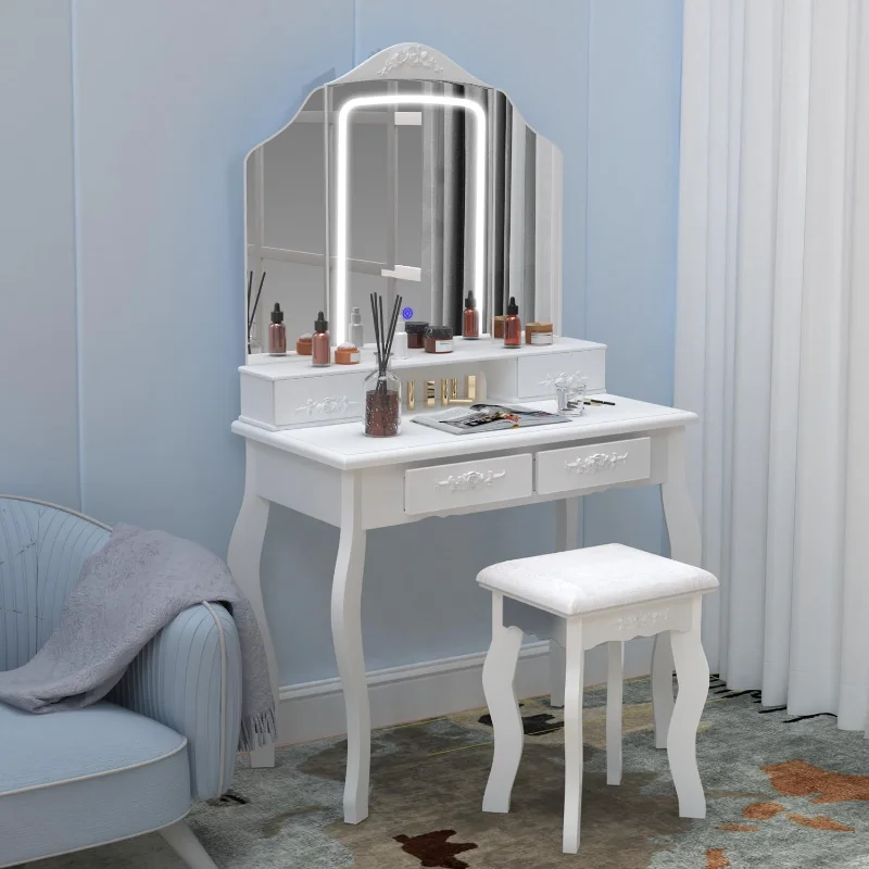 

Modern Vanity Table Set with Lighted Mirror,Makeup Table with4Drawer, Embedded Lights Dressing Vanity Table with Cushioned Stool