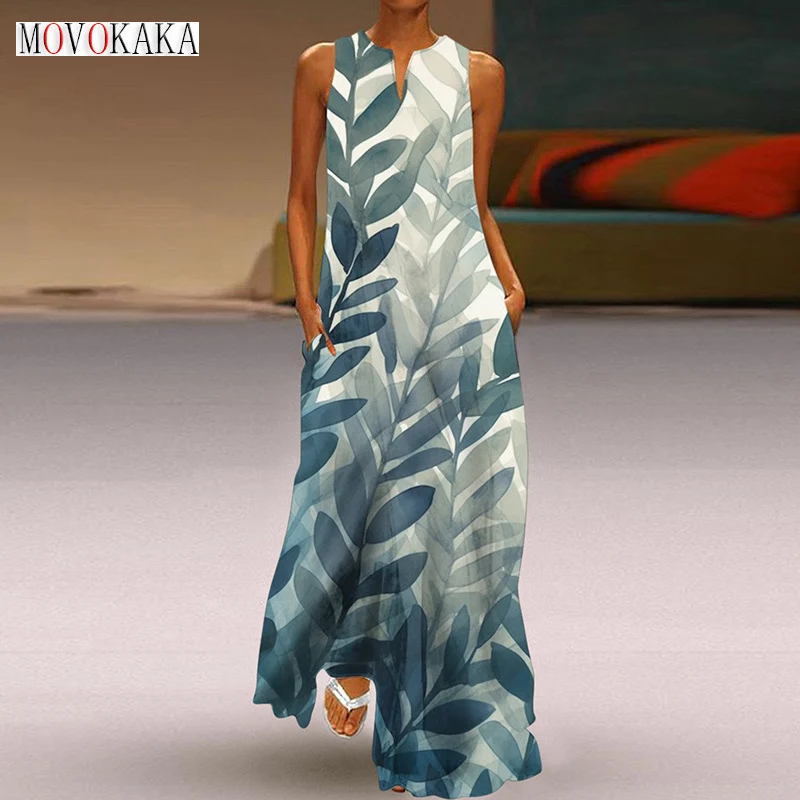 

MOVOKAKA Ladies Spring Summer Long Dress Women Sleeveless Loose V-neck Leafs Print Beach Dresses Elegant Party Casual Maxi Dress