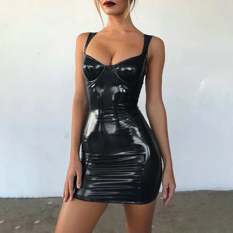 

Sexy Backless Black Bodycon Mini Dress Dresses for Women PU Leather Sleeveless Club Party Short Spaghetti Strap Dress Streetwear