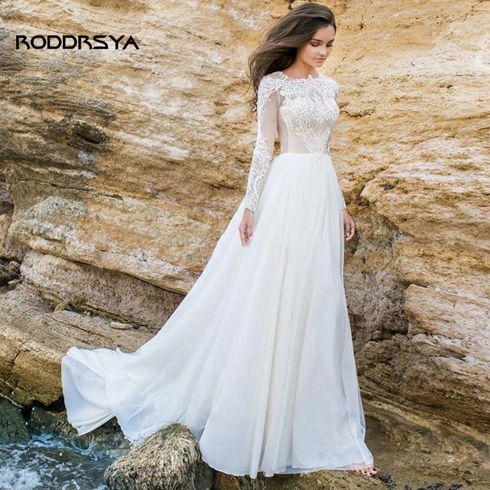 

RODDRSYA Bohemian Country Wedding Dresses With Sheer Long Sleeves O-Neck A Line Lace Applique Chiffon Boho Bridal Gowns Cheap