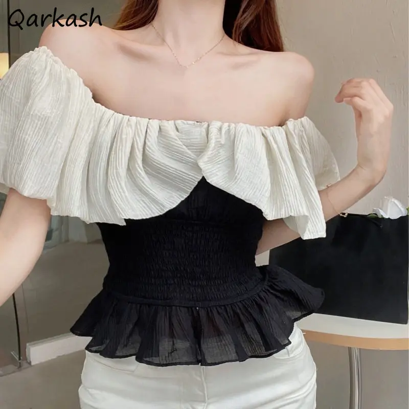 

French Style Slash Neck Ruffles Shirts Women Slim Tender Fashion Crop Tops Panelled Sweet Temperament Sexy Summer Minority Ins