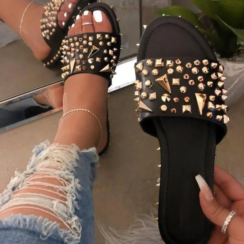 

Summer Woman Sandals Shoes Rivet Buckle Strap Women's Sandals Pu Fashion Causal Zapatos de Mujer Sandals Flat Women Shoes