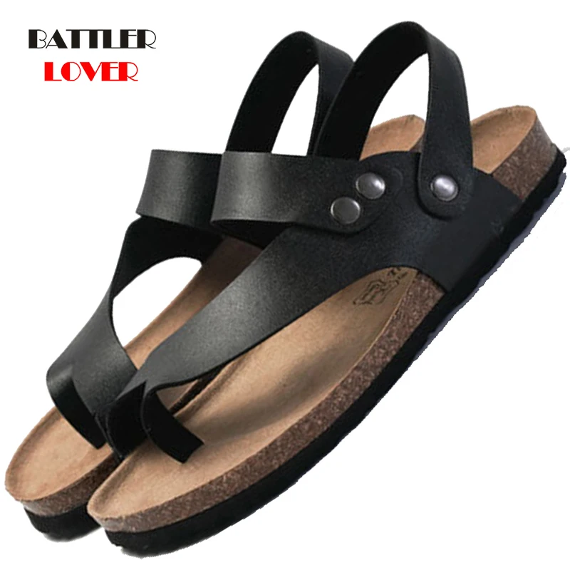 

2022 Summer Men Sandals Cork Beach PU Leather Female Shoes Back Strap Soft Bottom Comfort Solid Ladies Footwear Big Size 35-45