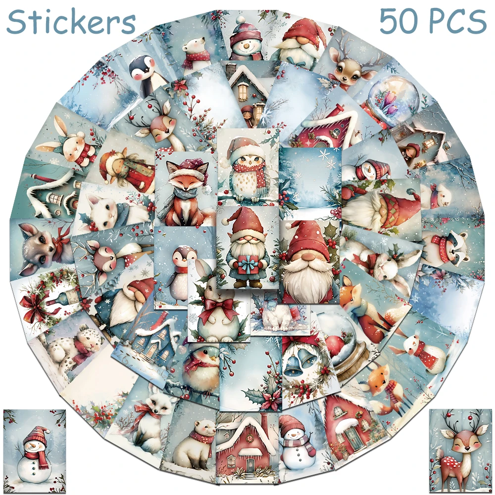 

50 шт. Ретро рождественские наклейки со снеговиком, наклейки для ноутбука, ноутбука, багажа, холодильника, стены, сделай сам, мультяшные эстетические наклейки