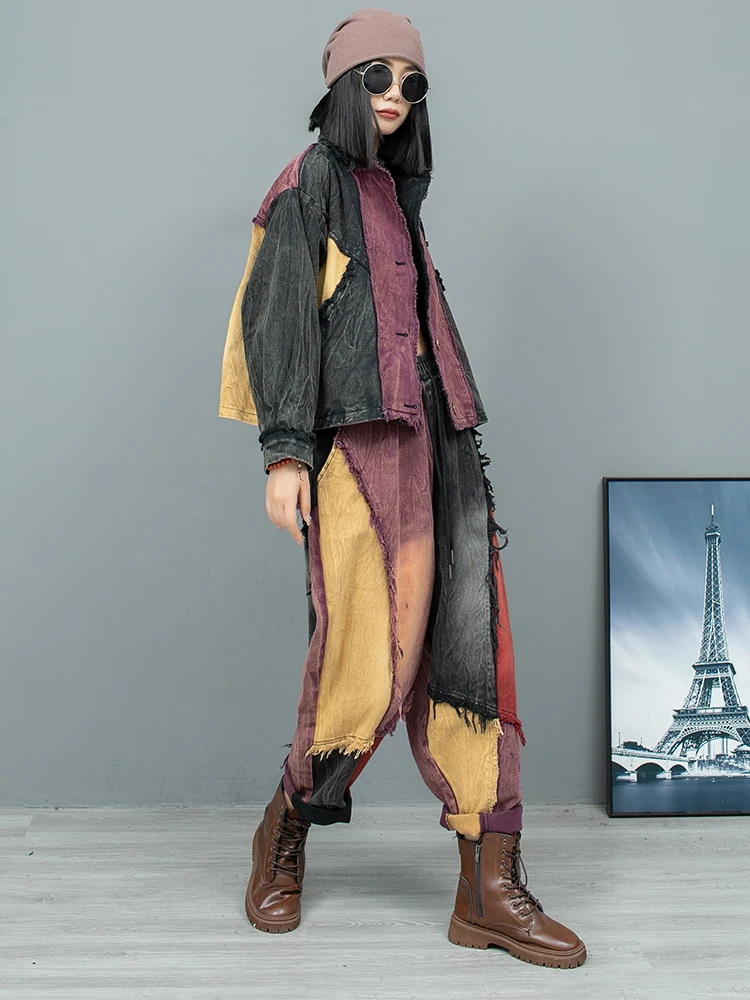 Индивидуальный Состаренный контрастный джинсовый жакет с прострочкой и длинным