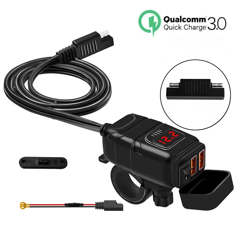 

Motorcycle dual USB car mobile phone charger with switch waterproof QC3.0 mobile phone charger measured voltmeter