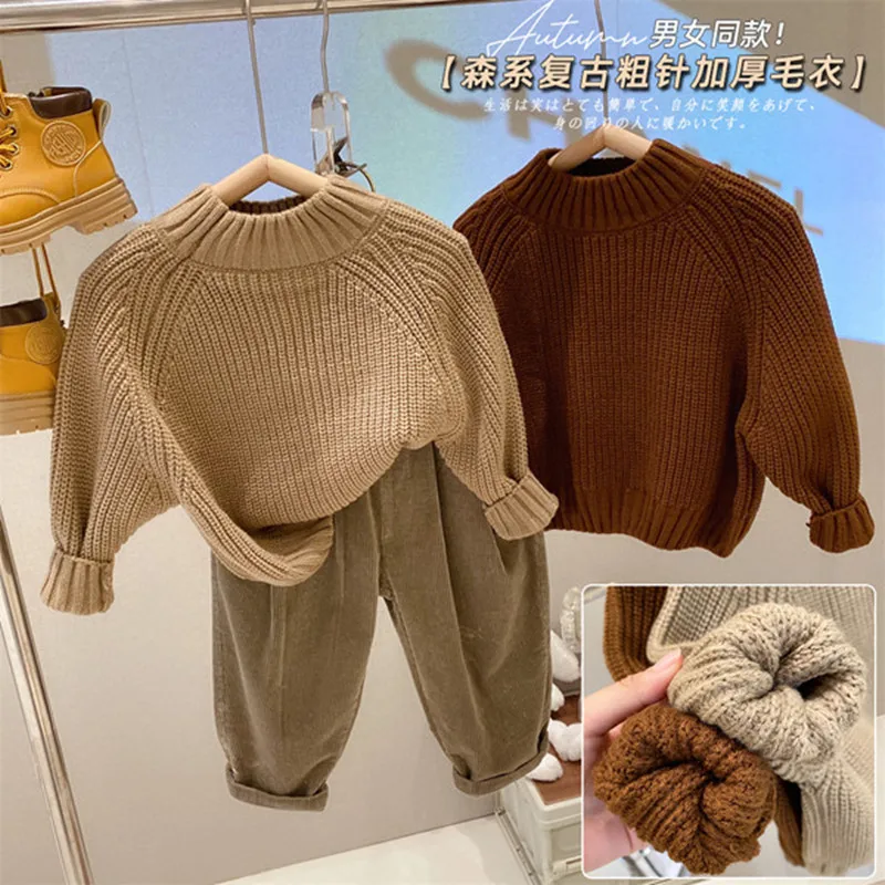 Fall Winter Kids Sweaters Thicken Warm Girls Half High Collar Knitwear Boys Brief Loose Pullover