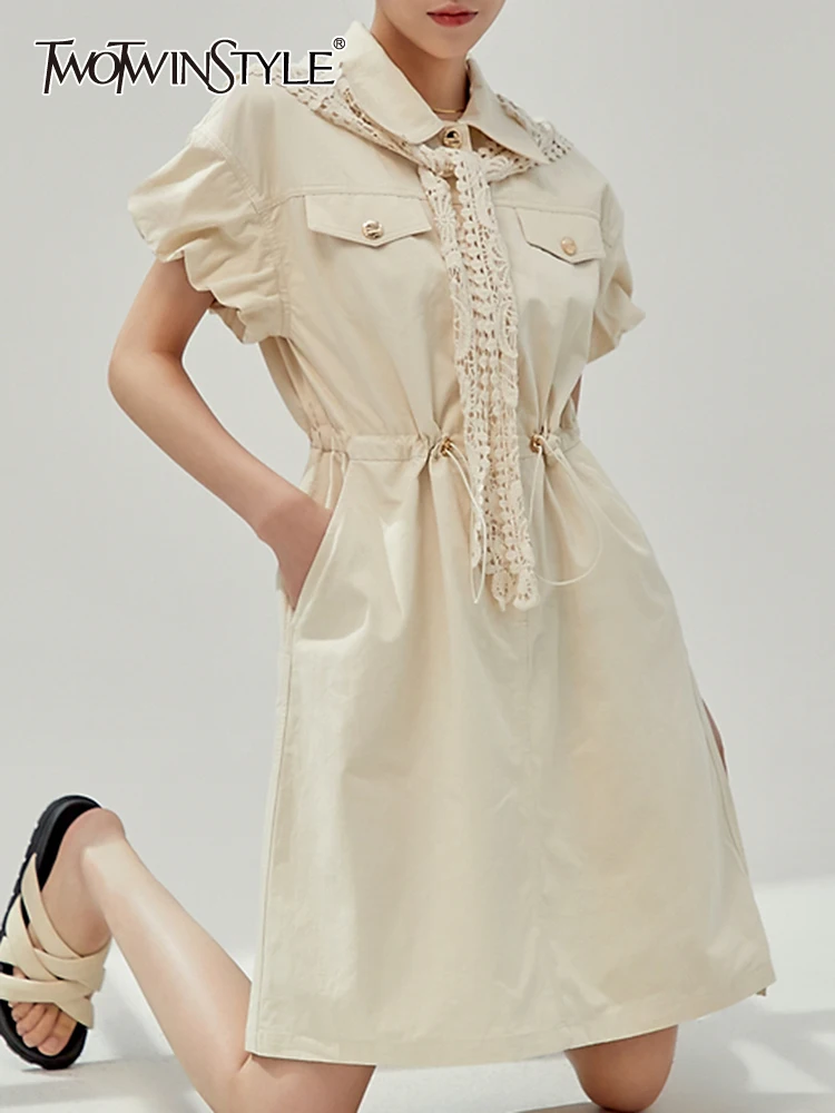 

TWOTWINSTYLE Solid Elegant Dress For Women Polo Neck Patchwork Pockets Lantern Sleeve High Waist Dresses Female Fashion Clothing