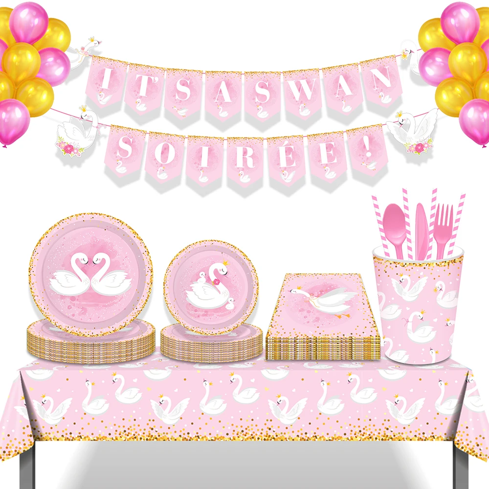 

Sweet Cartoon Animals Crown Swan Soiree Birthday Party Disposable Tableware Sets Plates Tablecovers Baby Shower Party Decors