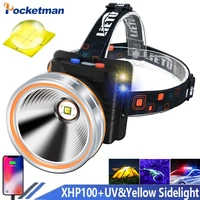 xhp100 powerful 3in1 uv led headlamp waterproof headlight usb rechargeable ultraviolet lamp outdoor camping head torch