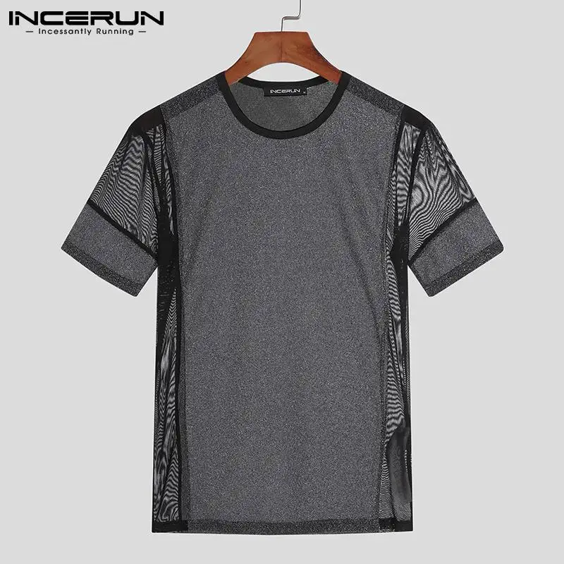 

Fashion Casuaul Style Men's T-shirts Breathable Mesh Stitching Silver Light INCERUN Male Round Neck Short-sleeved Camiseta S-5XL