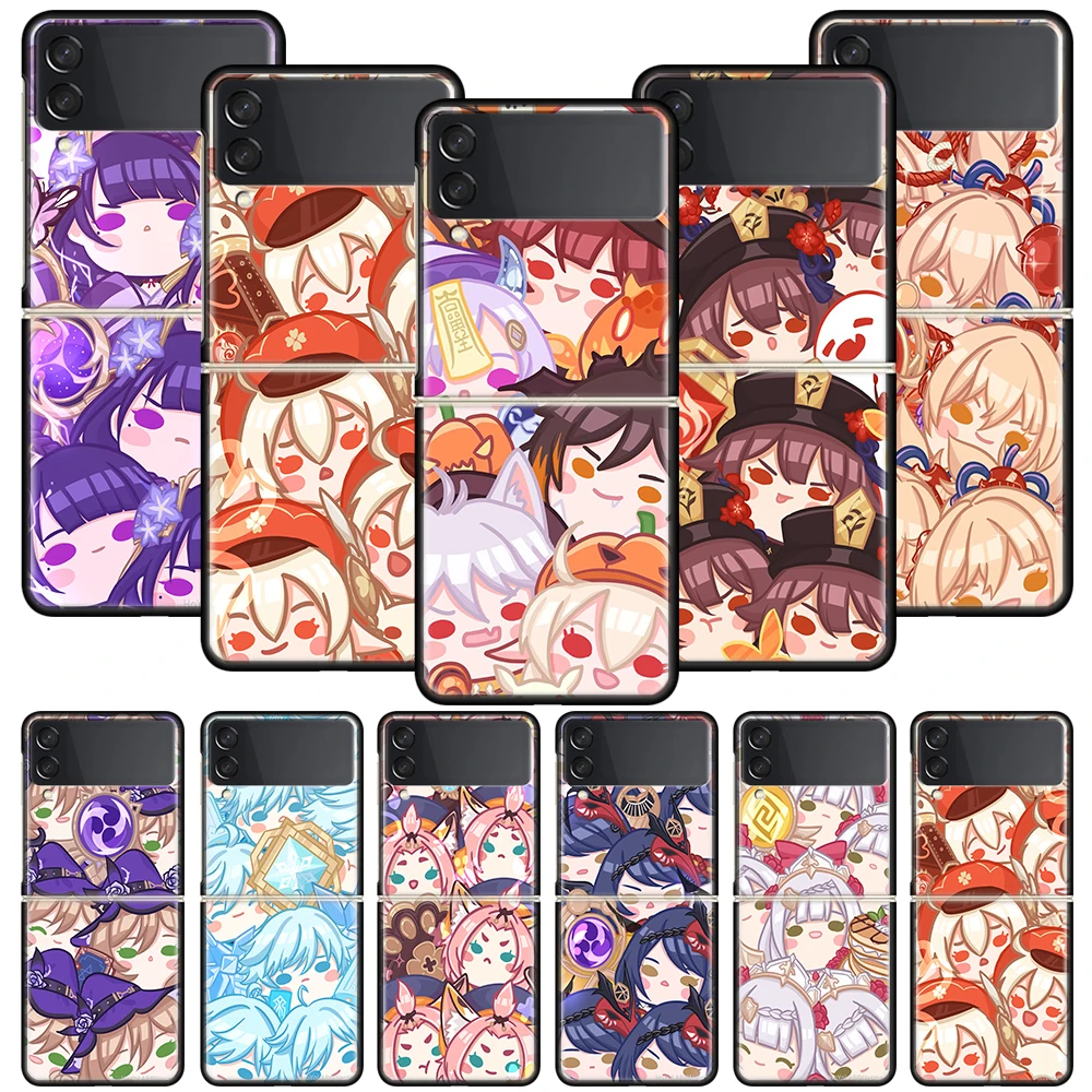 

Genshin Impact Cartoon Cute Funda Phone Case For Samsung Galaxy Z Flip 3 5G Luxury ZFlip3 Black PC Hard Shockproof Back Cover Co