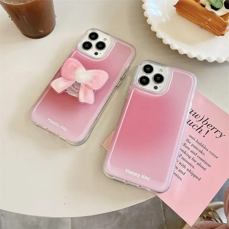 

Cute Clear Gradient Pink 3d Bow Folding Bracket Girl Phone Cover Case For Iphone 14 13 12 11 Pro Max Xr Xs Max Hard Coque Fundas