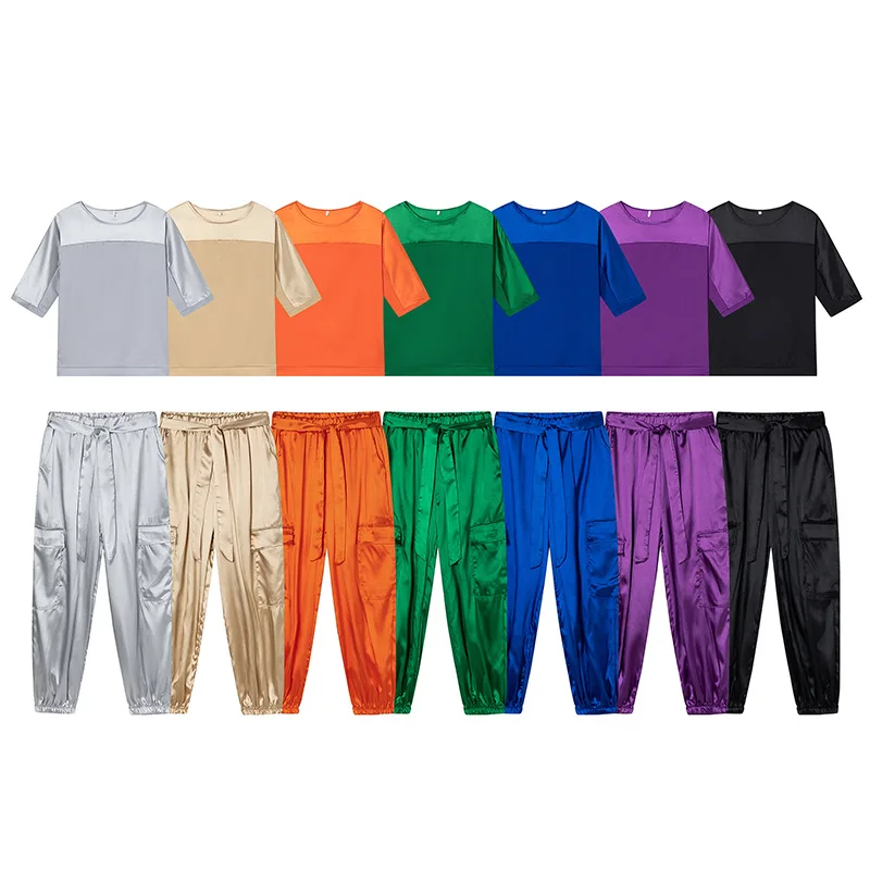 Новинка 2024 Модный женский Гладкий Атласный топ с рукавом до локтя и брюки костюм