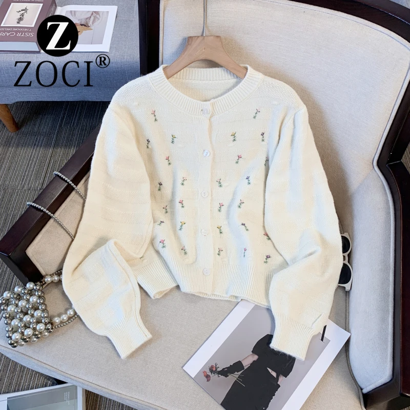[ZOCI] 2024 милый стиль вязаный кардиган с цветочной вышивкой пальто женский осенний