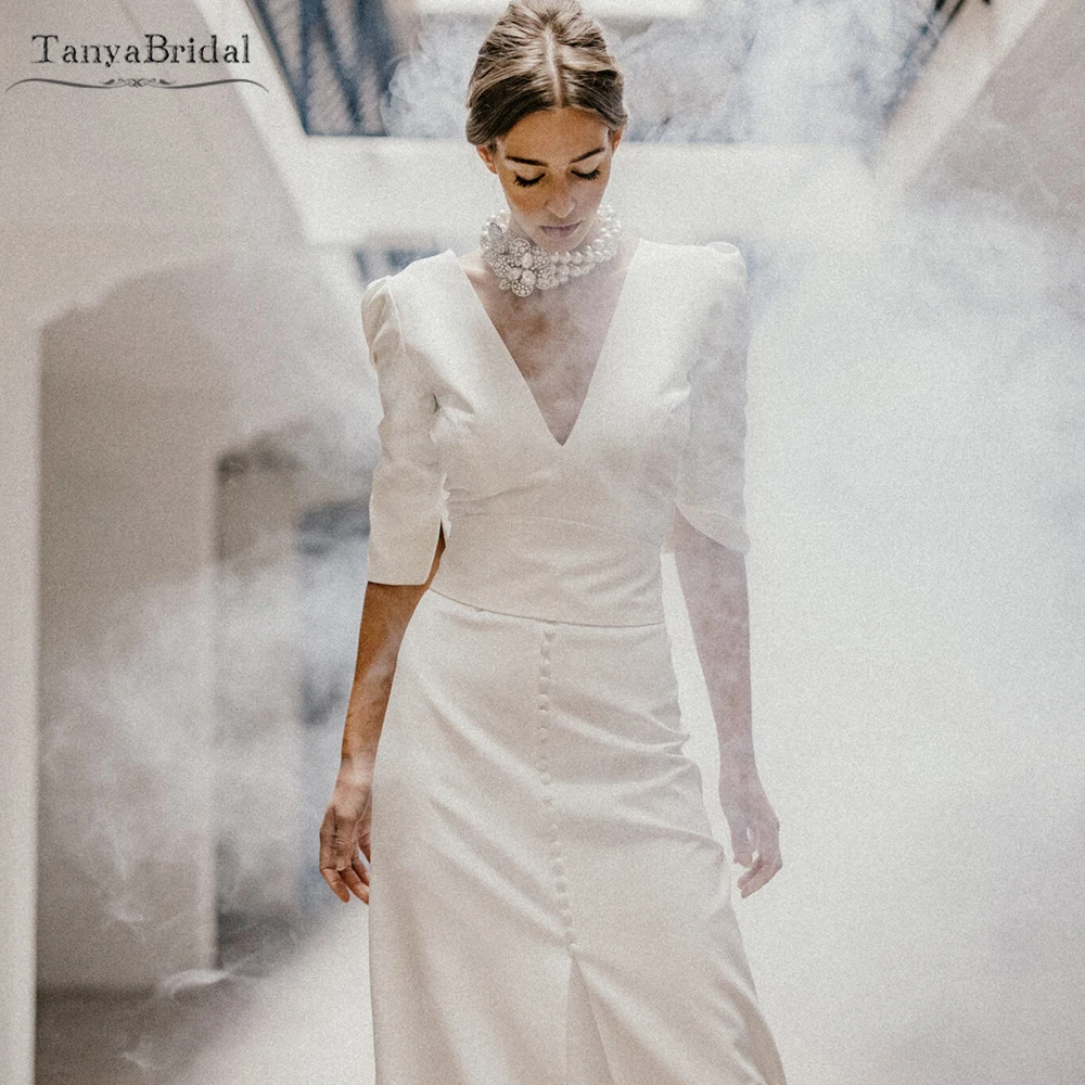 

Женское свадебное платье с юбкой годе, V-образным вырезом и рукавом до локтя