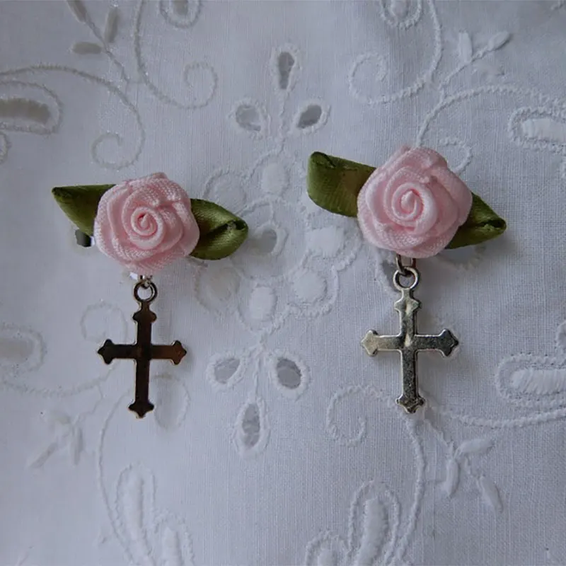 Handmade Ribbon Rose and Cross Earrings y2k Vintage Earrings