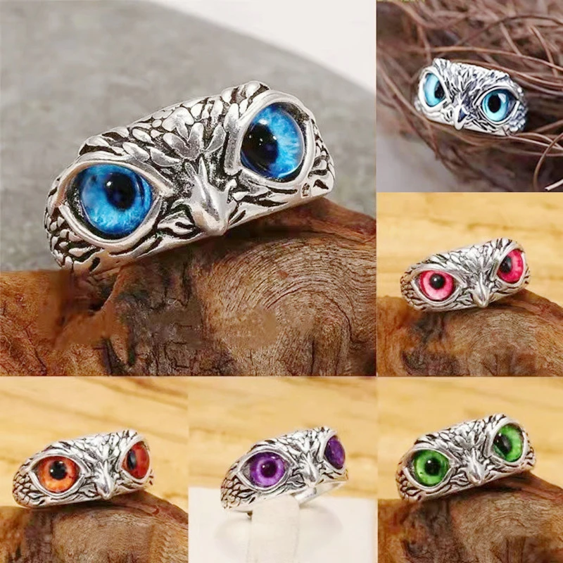 

Charming Fashion Design Owl Rings Multicolor Eyes Silvery for Men Women Punk Gothic Open Adjustable Rings Jewelry Gift Resizable