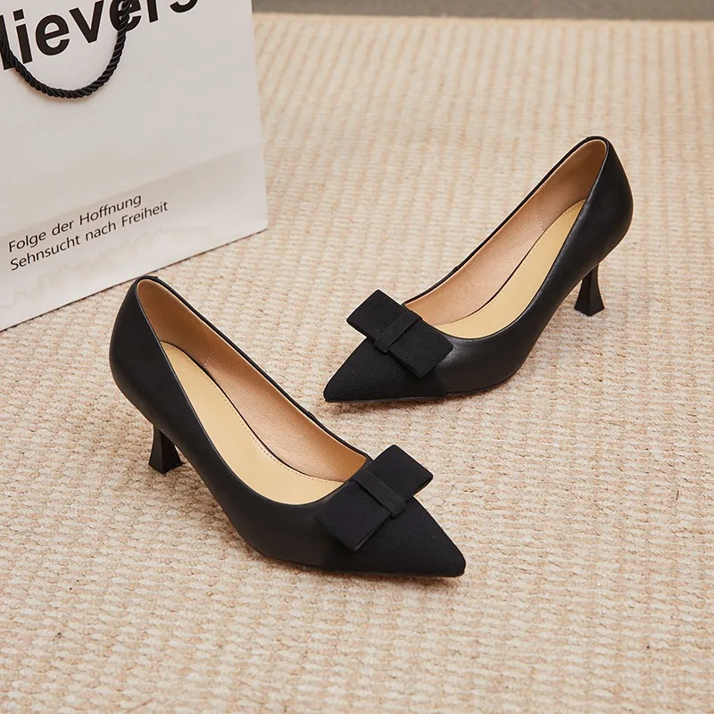 Maxdutti French Fashion Office Ladies Commuter High Heels Pointed Toe Bow Elegant Leather Shoes Women