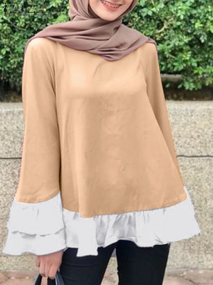 

Muslim Blouse Flare Long Sleeve Shirt Women's Contrast Color Tops ZANZEA Turkey Abaya Ruffles Party Blusas Mujer Holiday Chemise