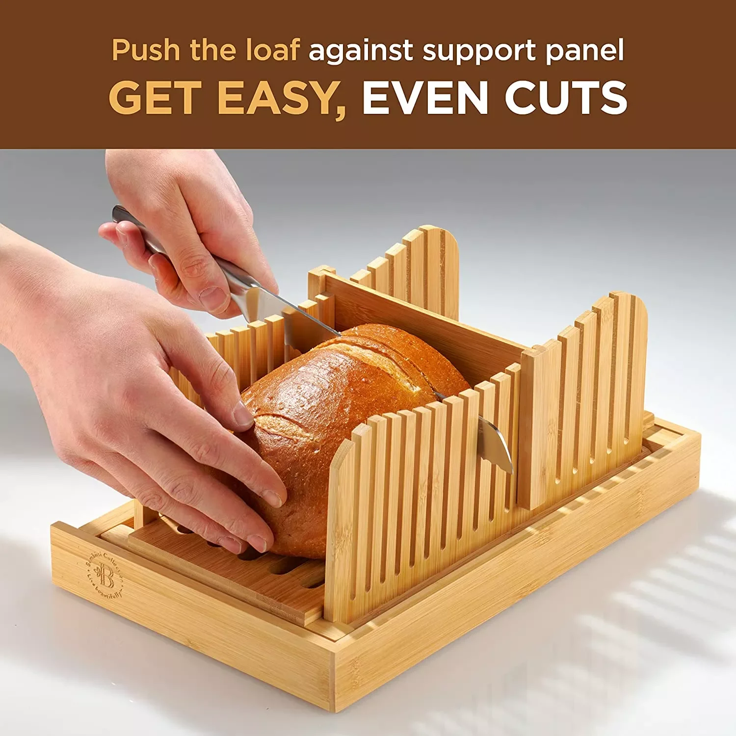 

Bamboo Bread Slicer Cutting Guide with Knife - 3 Slice Thickness Foldable Compact Cutting Board with Crumb Tray Stainless Steel