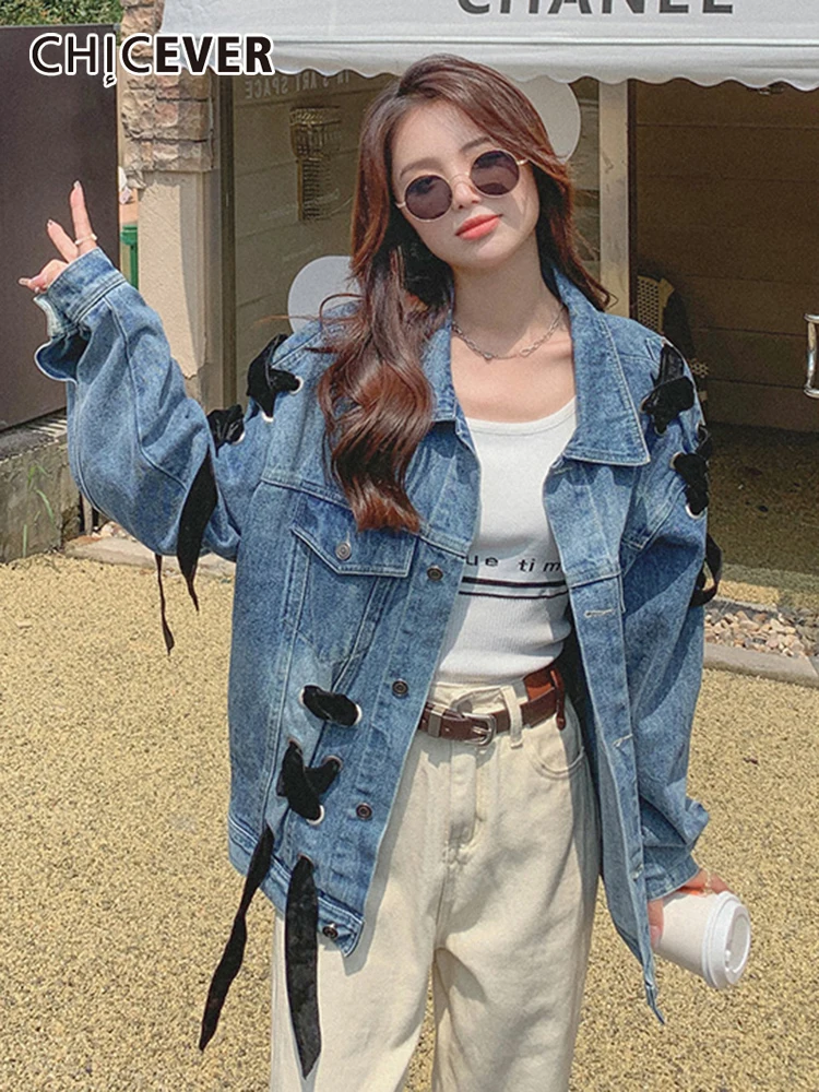 

Женская джинсовая куртка с бантом, длинным рукавом, на шнуровке