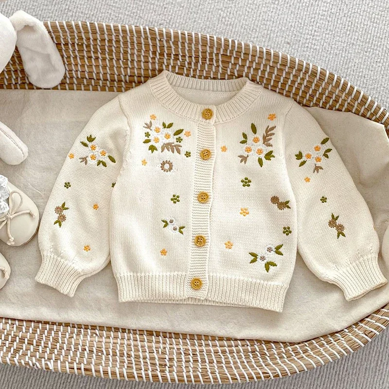 Хлопковый кардиган с цветочной вышивкой для новорожденных девочек 0-3 лет