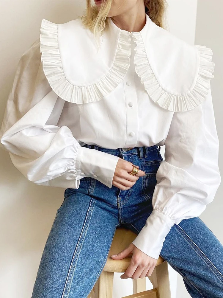 

Big Peter Pan Collar Ruffle Womens Blouse Long Sleeve White 100% Cotton Casual Tops Female Spring Summer Frill Shirt 2023