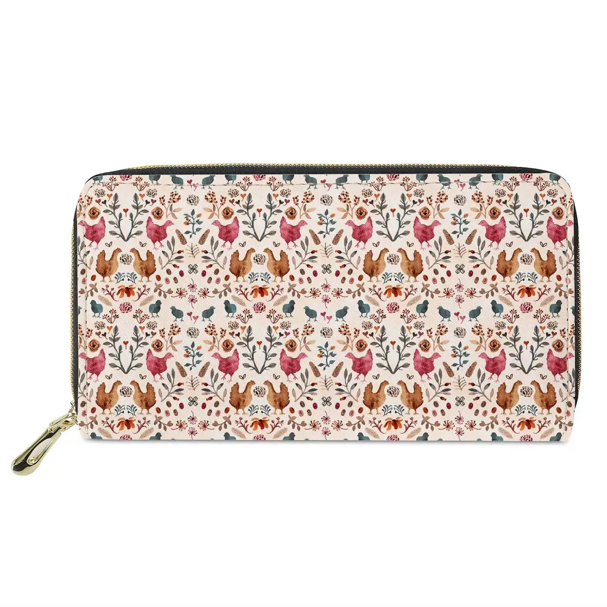 Cartoon Cute Chicken Floral Pattern Long Wallet Premium Zipper Girls Card Clip Bag Multifunctional Lightweight Female Coin Purse