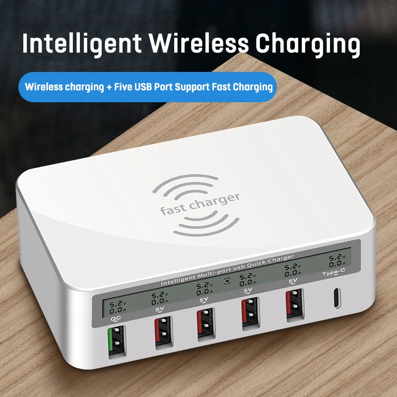

40W 6 Port USB C Charger QI Wireless Charger For iPhone Samsung Xiaomi HUAWEI QC3.0 Fast Charger PD Usb C Quick Charging Station