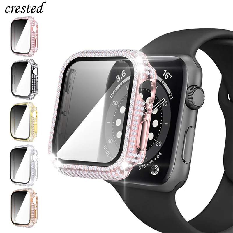 

Glass+Cover For Apple Watch case 40mm 44mm 41mm 45mm iWatch Accessories Diamond+Screen Protector Apple watch series 3 4 5 6 SE 7