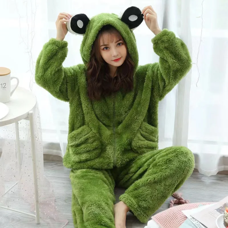 Pajamas Set Winter Sleepwear Thick Warm Flannel 2 Pieces/Sets Hooded Sweet Cute Long Sleeve Female Homewear Pyjamas Suits