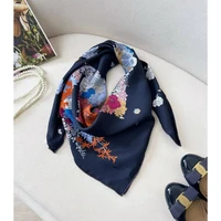 [BYSIFA] New Women Navy Blue Silk Scarf Cape Foulard Fashion Accessories Elegant Floral Horse Design Scarves Hijiabs  90*90cm