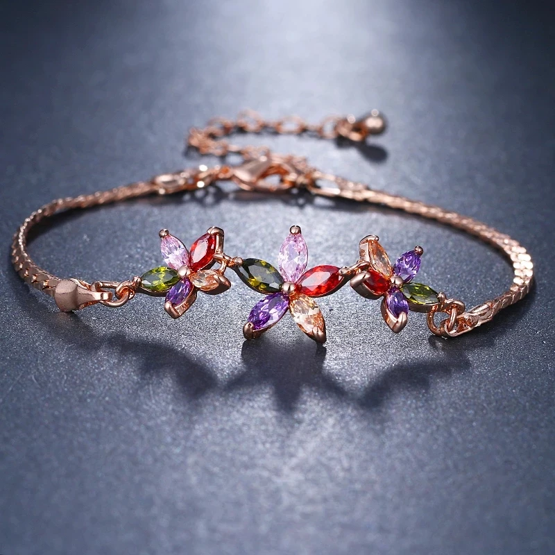 

AAA Cubic Zircon Flower Bracelets for Women Rose Gold Colorful CZ Crystal Chain Link Charm Bracelet Bangles Fashion Jewelry Gift