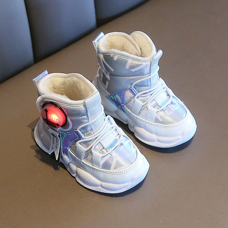

2022 Children's Snow Boots Leather Waterproof Thicken Warm Girls' Boots Boys Non-slip Cotton Flashing Lights Shoes