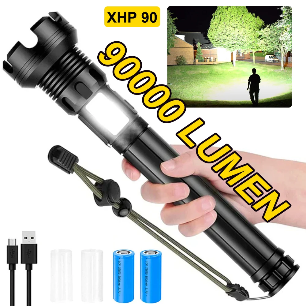 

90000 Lumens LED Tactical Flashlight Rechargeable XHP90 USB Zoomable 7Modes Super Bright Floodlight Spotlight Torch Light